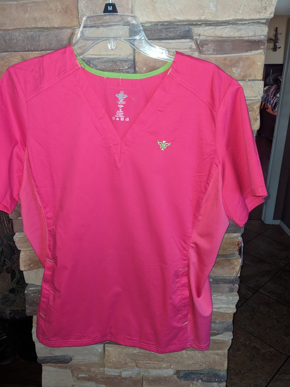 Med Couture Women's Hot Pink Scrub Top with Lime Trim